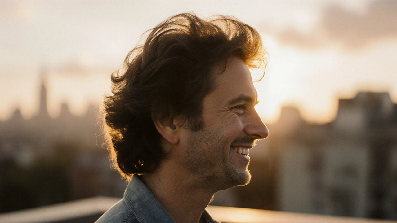 Adult on balcony at sunrise, showing fuller hair and confident expression.