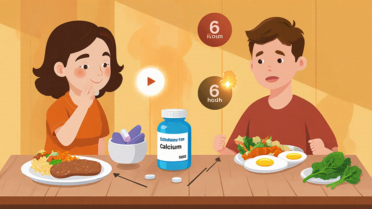 Calcium supplement taken at dinner with food, separated from thyroid medication by six hours.