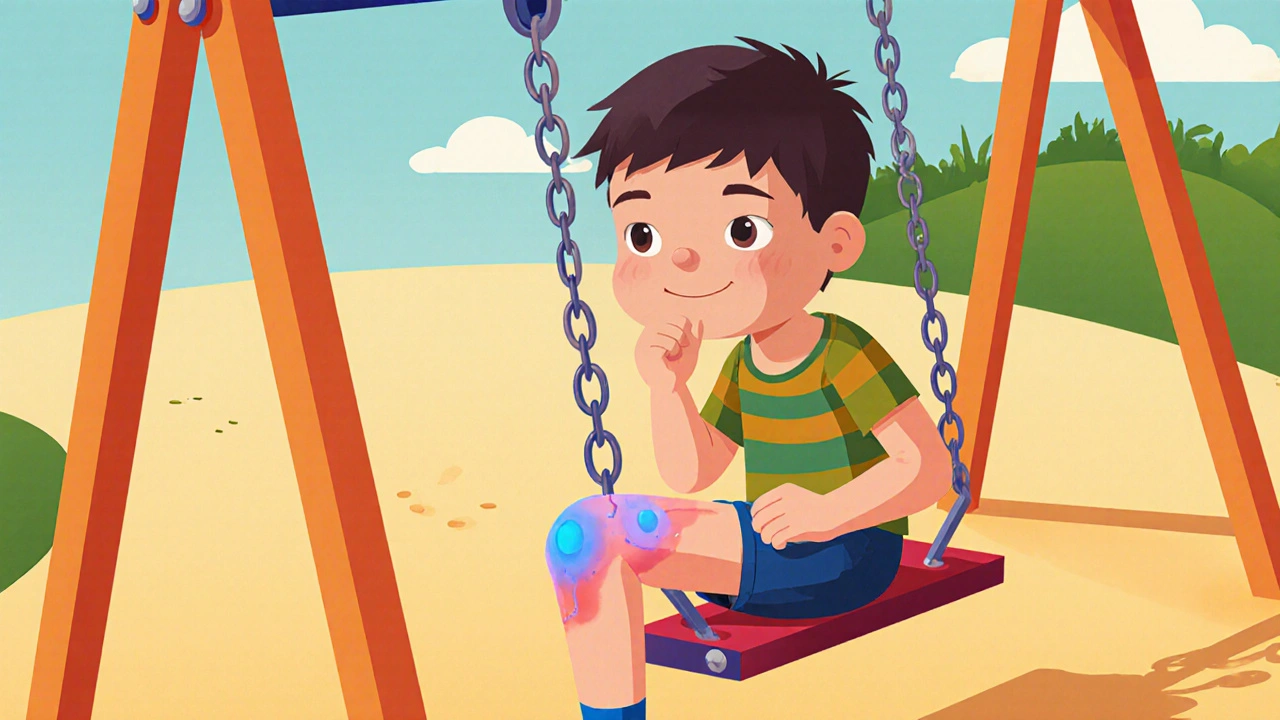 Child with a swollen knee indicating joint bleed symptom.