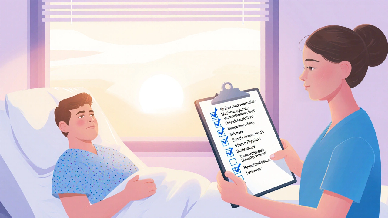 Clinician checking a bedside prophylaxis checklist with patient nearby.