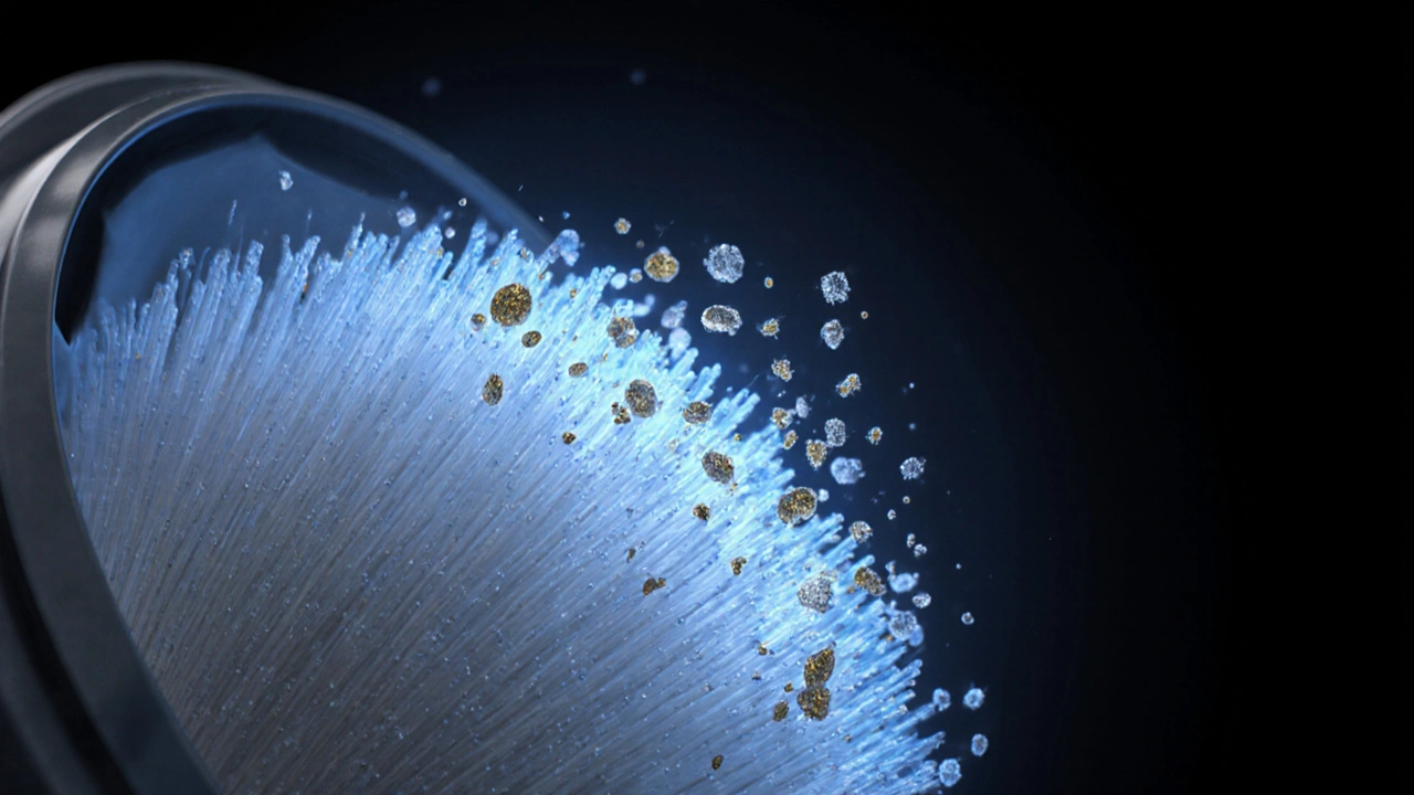 Close‑up of a glowing HEPA filter trapping tiny dust particles.
