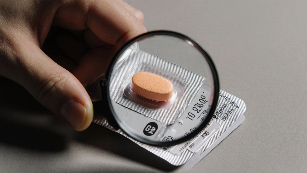 Close‑up of a hand inspecting a pale orange isotretinoin capsule in a blister pack with a magnifying glass.