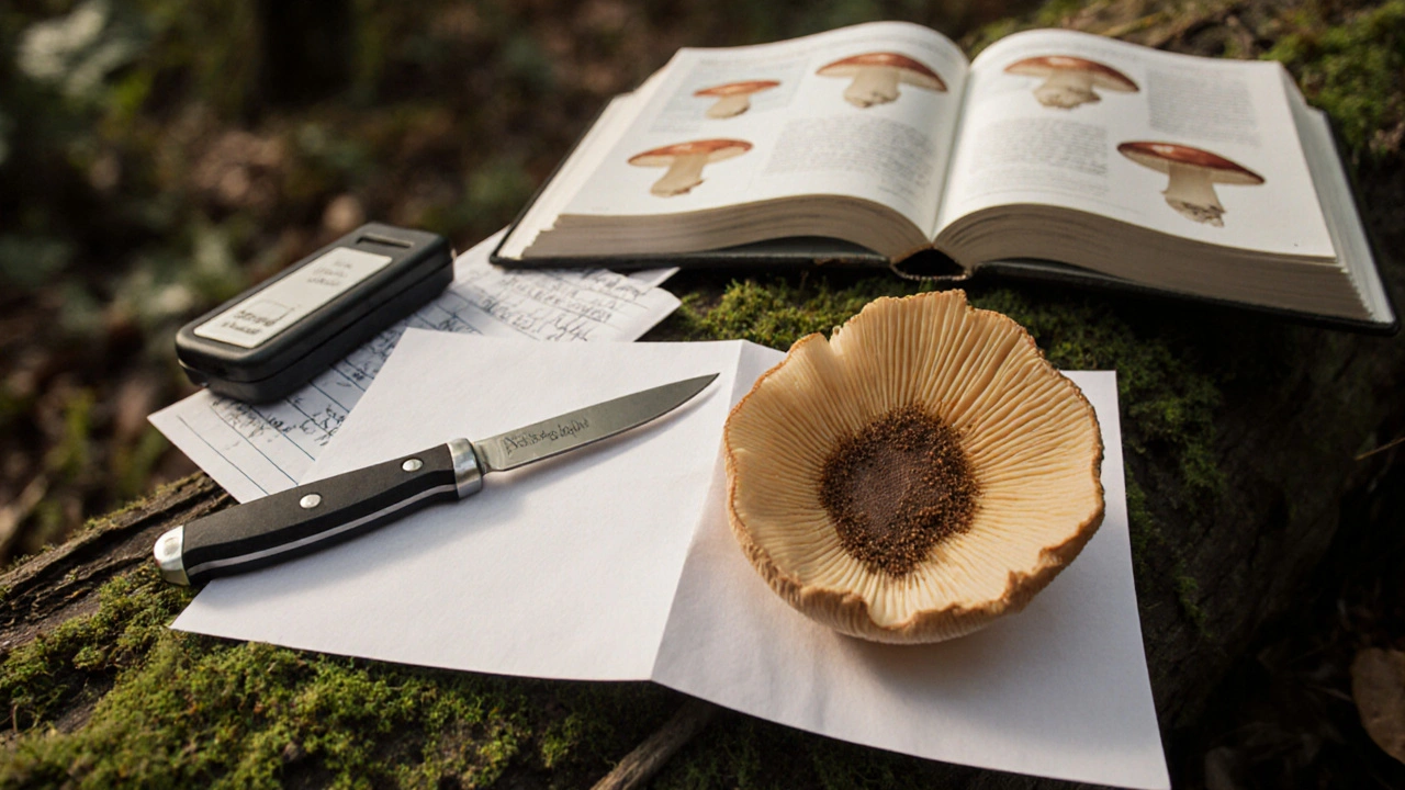 Close‑up of mushroom cap on paper showing spore‑print beside guide and notebook.