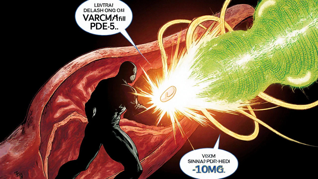 Comic panel shows Vardenafil hero blasting PDE5 enzyme, releasing cGMP wave in a blood vessel.