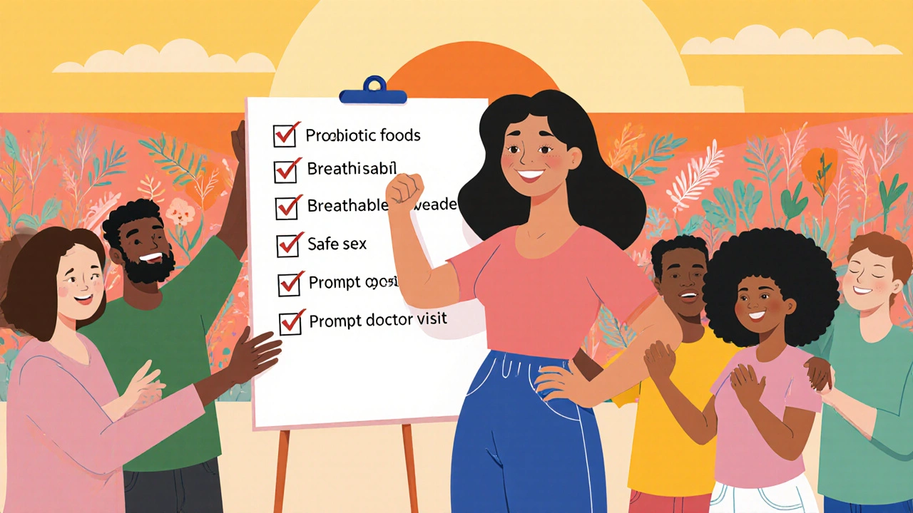 Confident woman checks a health checklist surrounded by supportive friends and partner in a bright community setting.