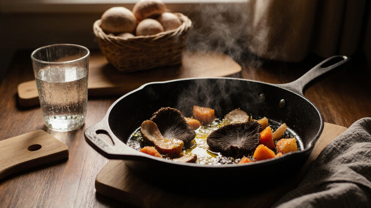 Cooked wild mushrooms sizzling in skillet with butter and garlic in a kitchen.