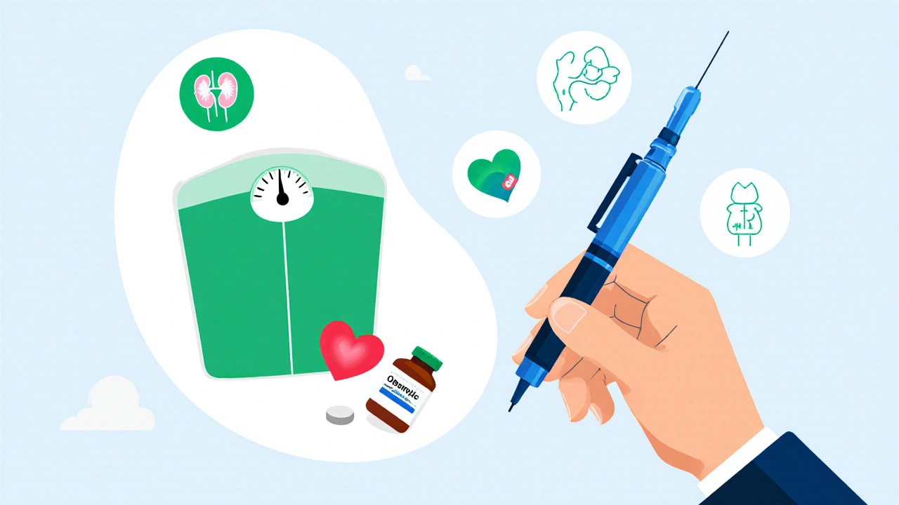 Daily pill next to weekly injection pen with heart and weight icons, flat design