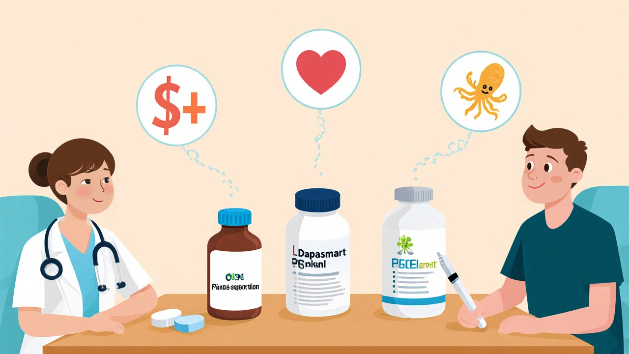 Doctor and patient comparing diabetes meds with cost, heart, and kidney icons
