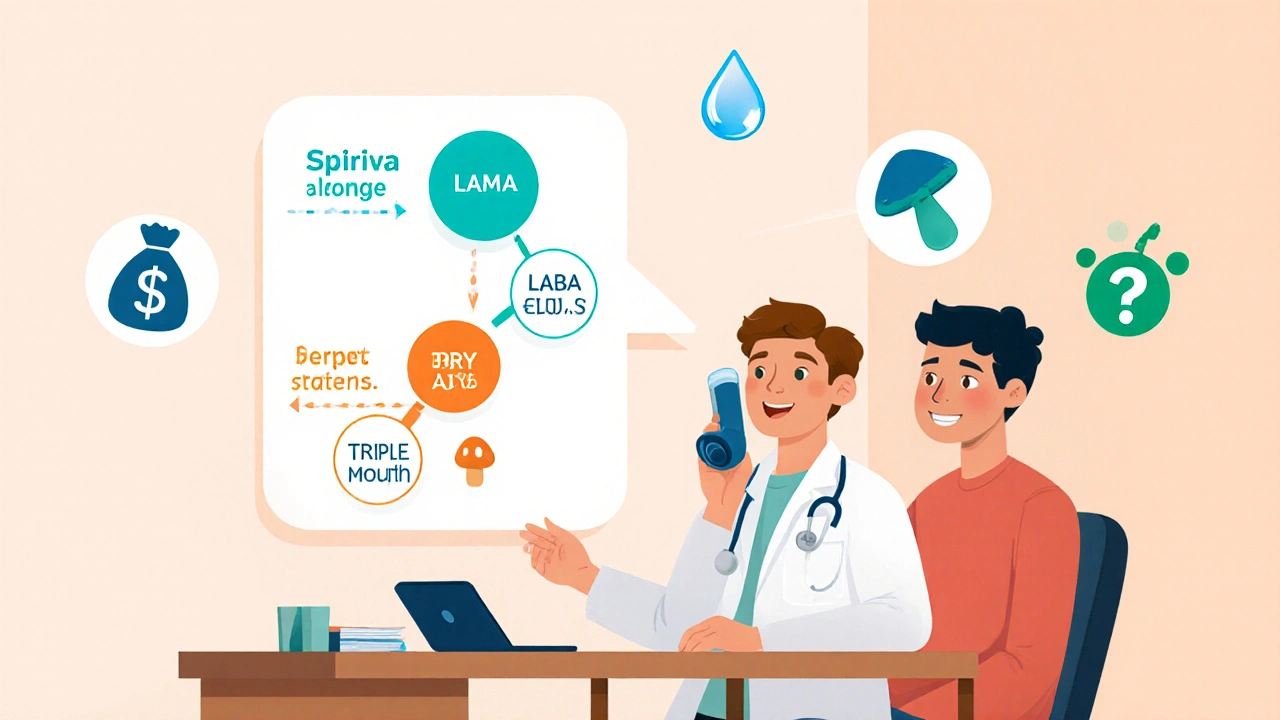 Doctor and patient discussing inhaler options with visual icons of cost and side effects.