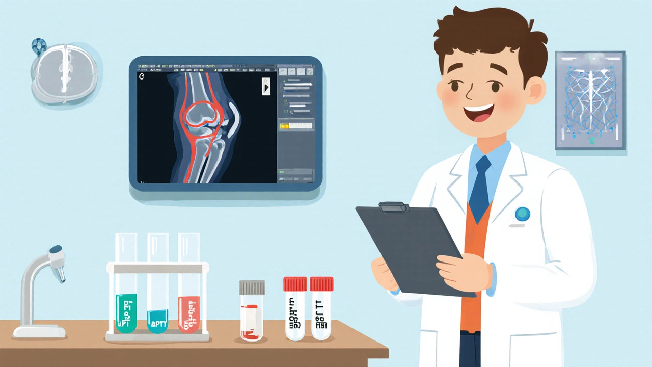 Doctor with lab equipment and imaging showing hemophilia diagnosis.