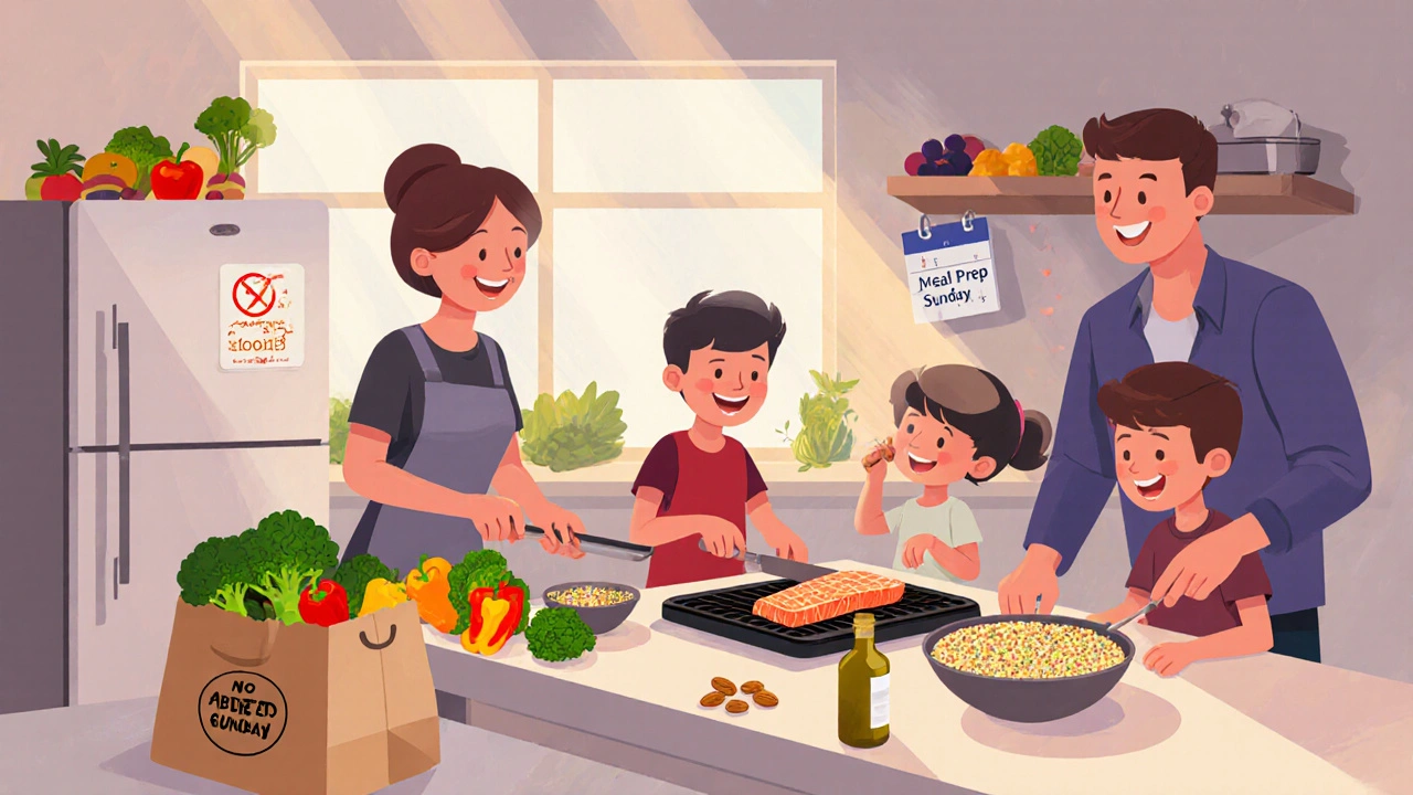 Family cooking a heart‑healthy dinner with salmon, veggies, quinoa, and fresh produce.