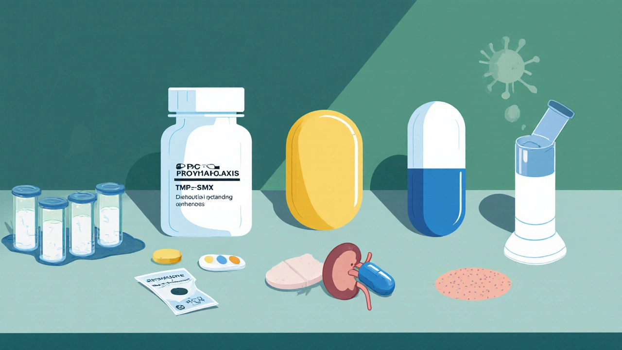 Flat illustration of four PCP prophylaxis meds and lab monitoring tools.
