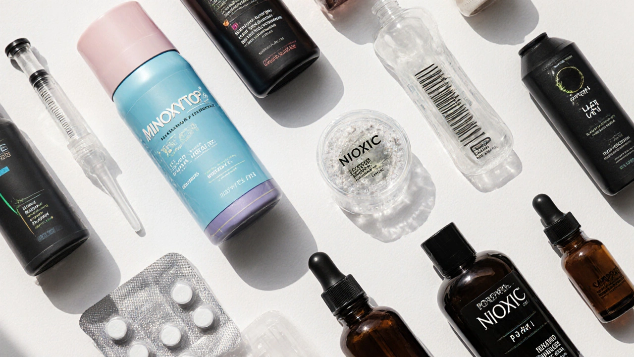 Flat lay of various hair‑loss products: Minoxytop, Rogaine foam, Finasteride, laser comb, PRP syringe, Nioxin, ketoconazole shampoo, rosemary oil.