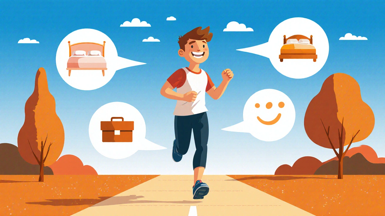 Happy individual jogging outdoors with floating icons of sleep, work, mood, flat cartoon style.