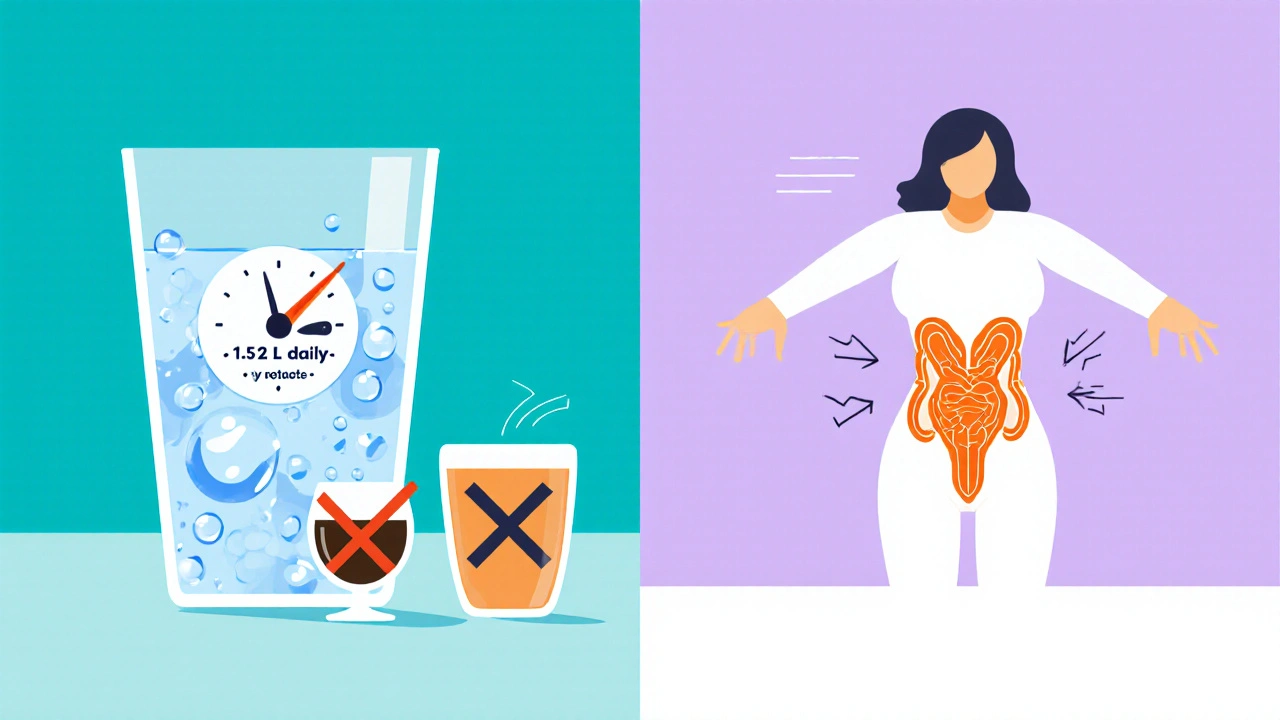 Hydration, caffeine limit, and pelvic floor exercise icons in flat cartoon.
