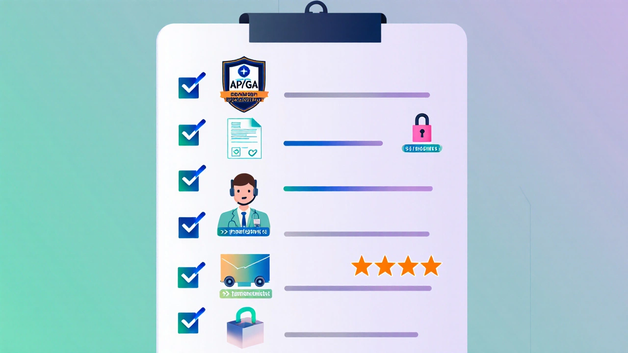 Illustrated checklist of trust factors for online pharmacies with icons.