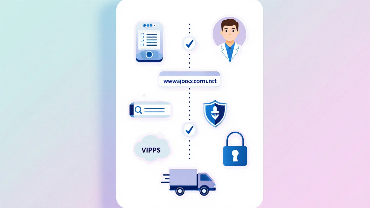 Illustrated checklist showing key features of a reputable online pharmacy.