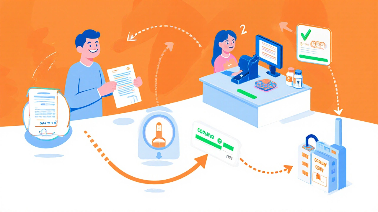 Illustrated pharmacy workflow from prescription to copay card payment with arrows and icons.