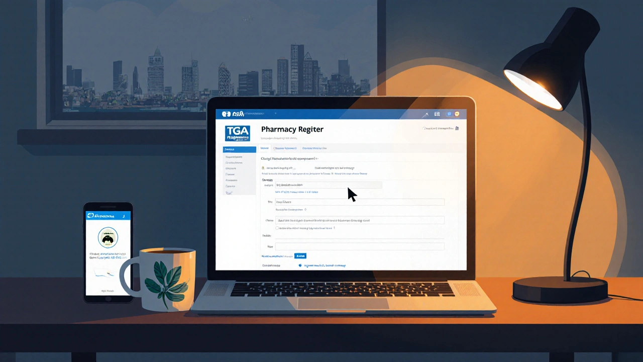 Illustration of a laptop showing a pharmacy registration page and a shipping confirmation on a desk.