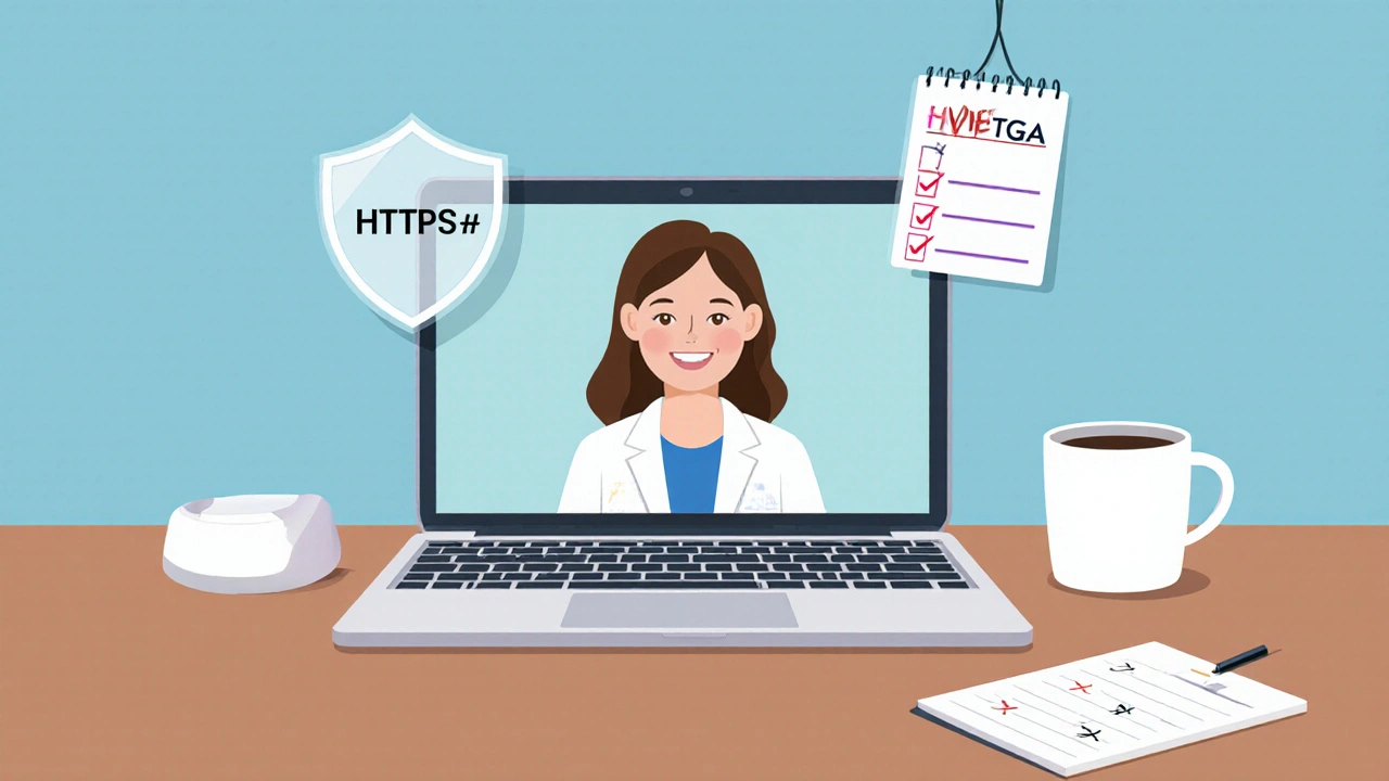 Illustration of a laptop showing a video doctor visit, secure lock icon, and TGA badge.