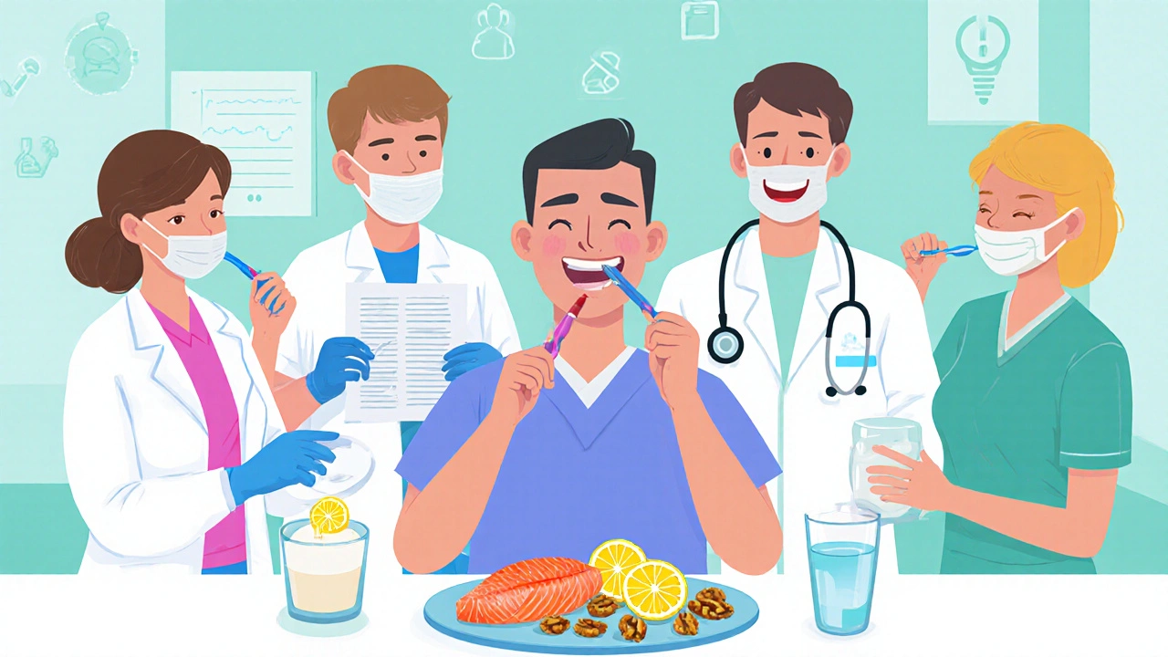 Illustration of patient with dental, surgical, oncology, and infection specialists and healthy foods.
