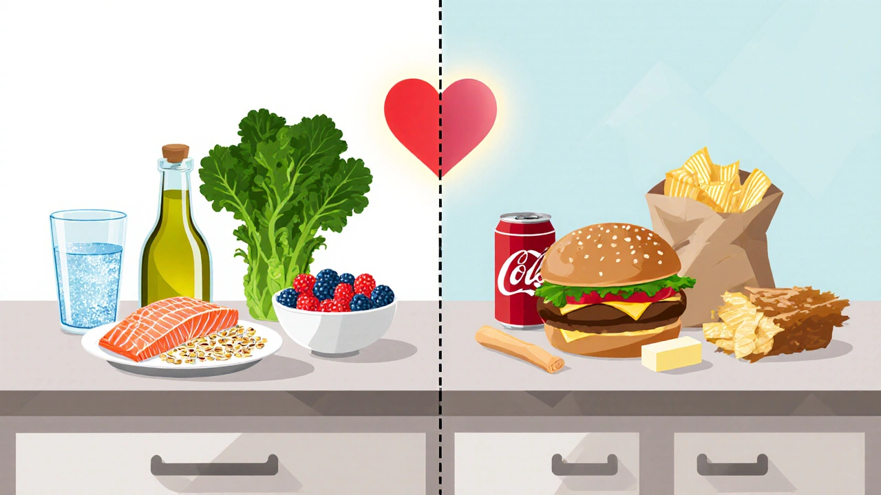 Kitchen split‑screen showing healthy foods on one side and junk foods on the other.