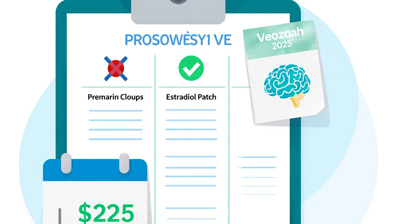 Medical chart comparing Premarin, estradiol patch, and Veozah with risk and cost icons