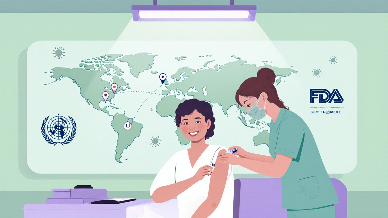 Nurse giving long‑acting injectable, world map pins pilot sites, virus and malaria icons.