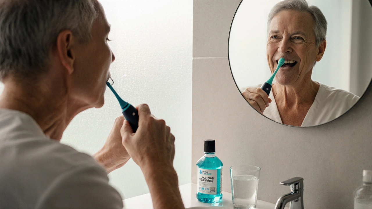 Patient brushing teeth with soft brush and using mouthwash in a bright bathroom.