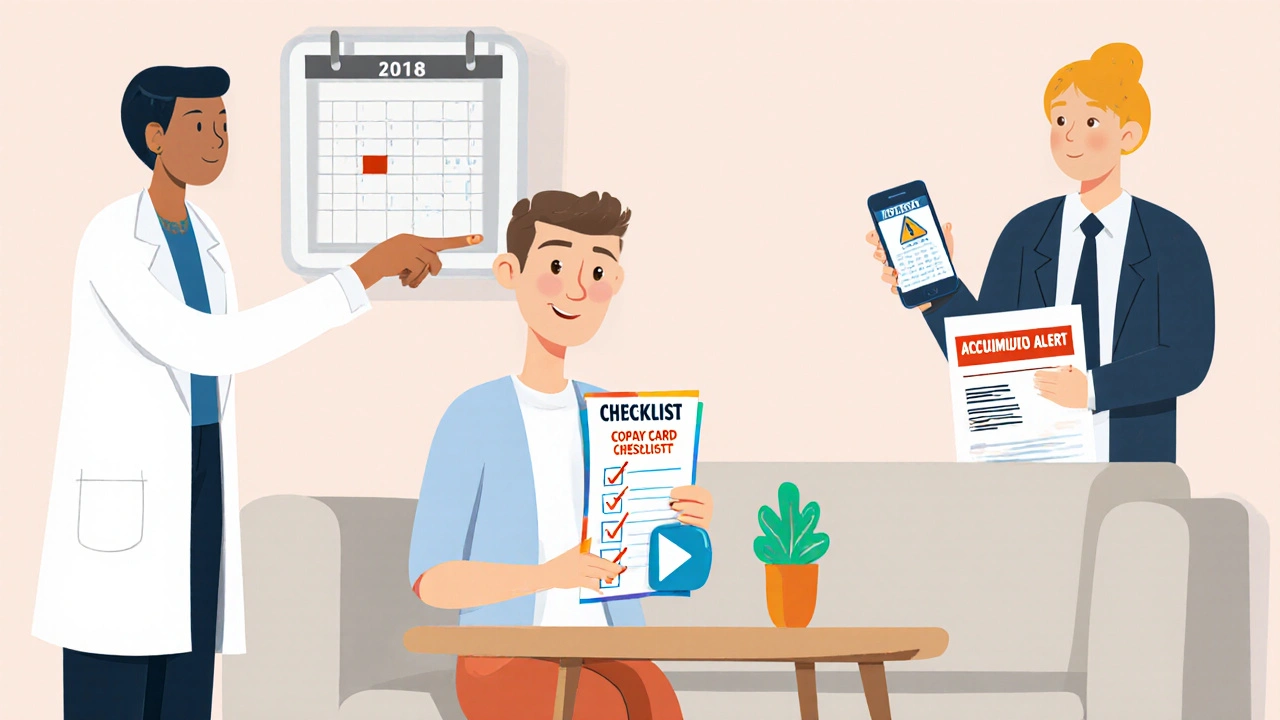 Patient reviewing a safety checklist with pharmacist and insurance representative.