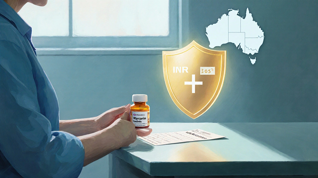 Patient reviewing INR test results while holding a generic warfarin bottle beside a protective shield.