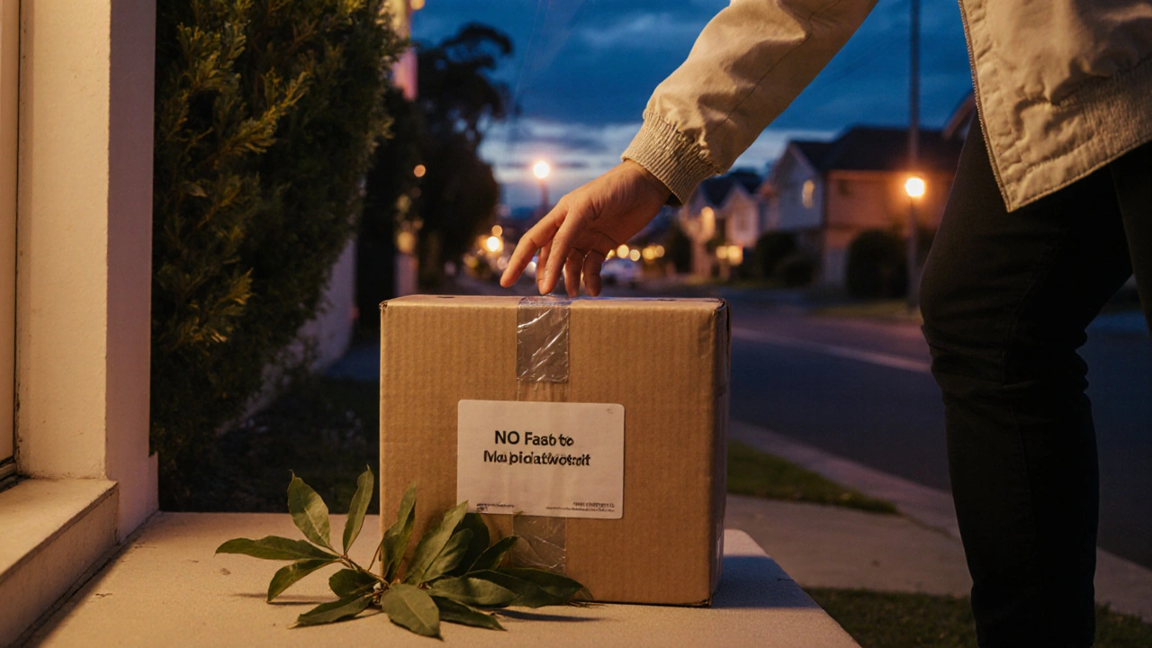Photo of a person receiving a delivery box on a Sydney doorstep at dusk.
