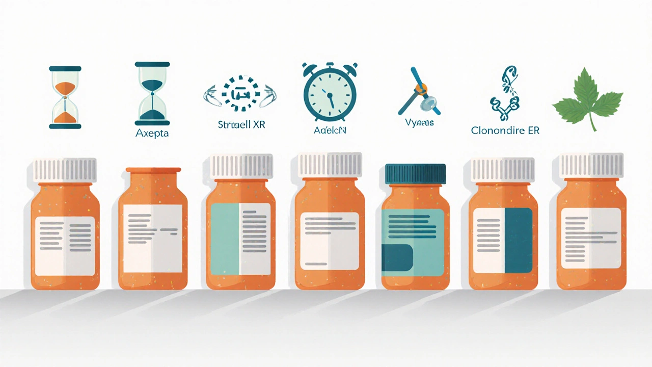 Row of pill bottles with icons for onset, duration, abuse risk, and side effects.