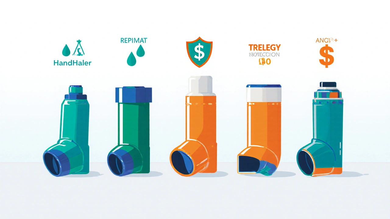 Row of various COPD inhalers displayed with distinct shapes and colors.