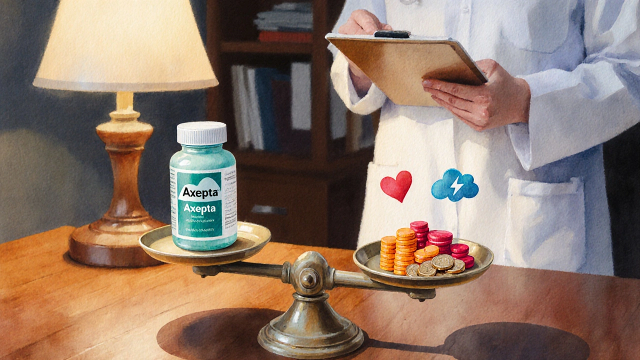 Scale balancing Axepta bottle against stimulant pills, money, and side‑effect symbols in a clinic.