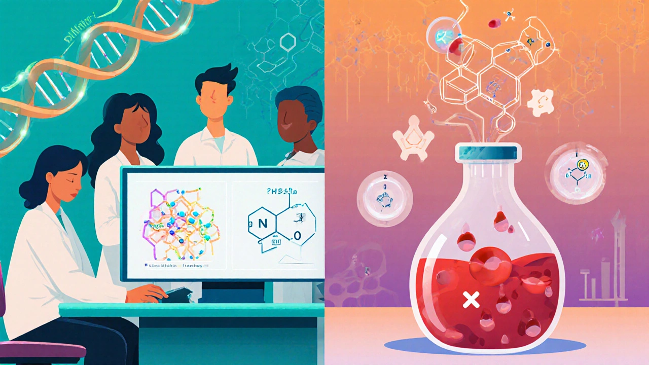 Scientists view DNA mutations, SAR model, and nanoparticle vial releasing drug into red blood cell.