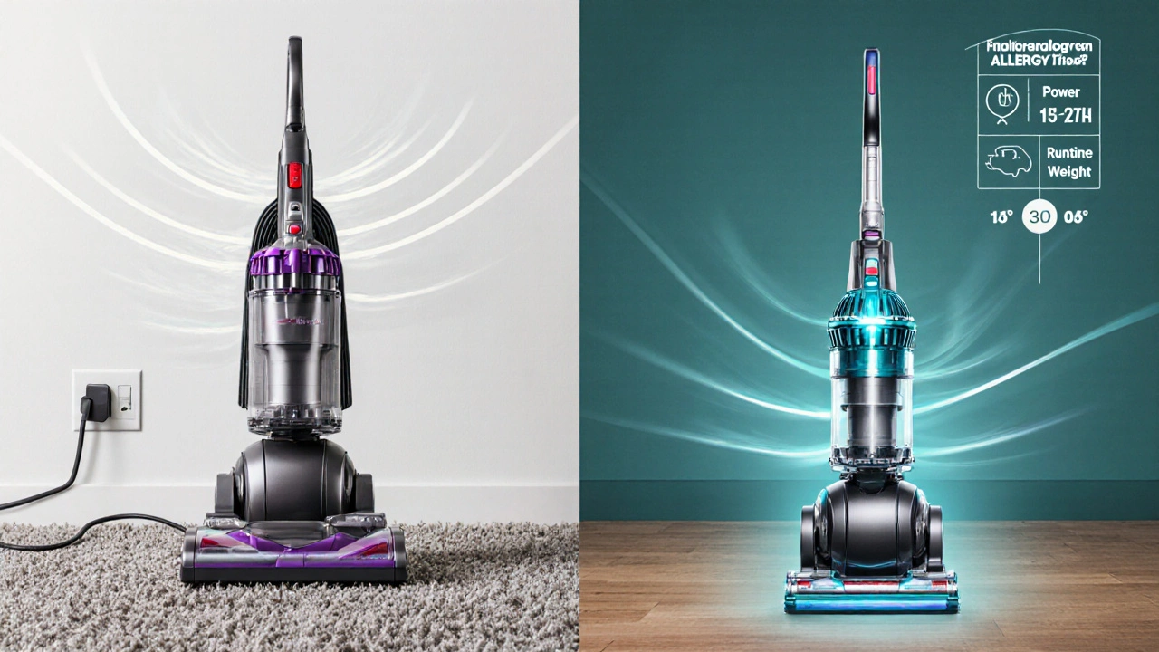 Side‑by‑side view of a corded upright and a cordless stick vacuum with highlighted features.