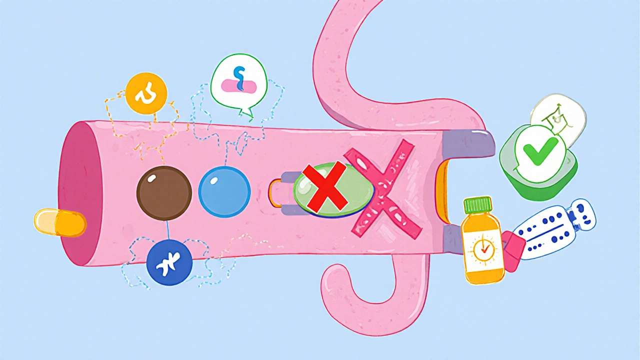 Simplified gut diagram showing calcium and iron competing for absorption pathways.