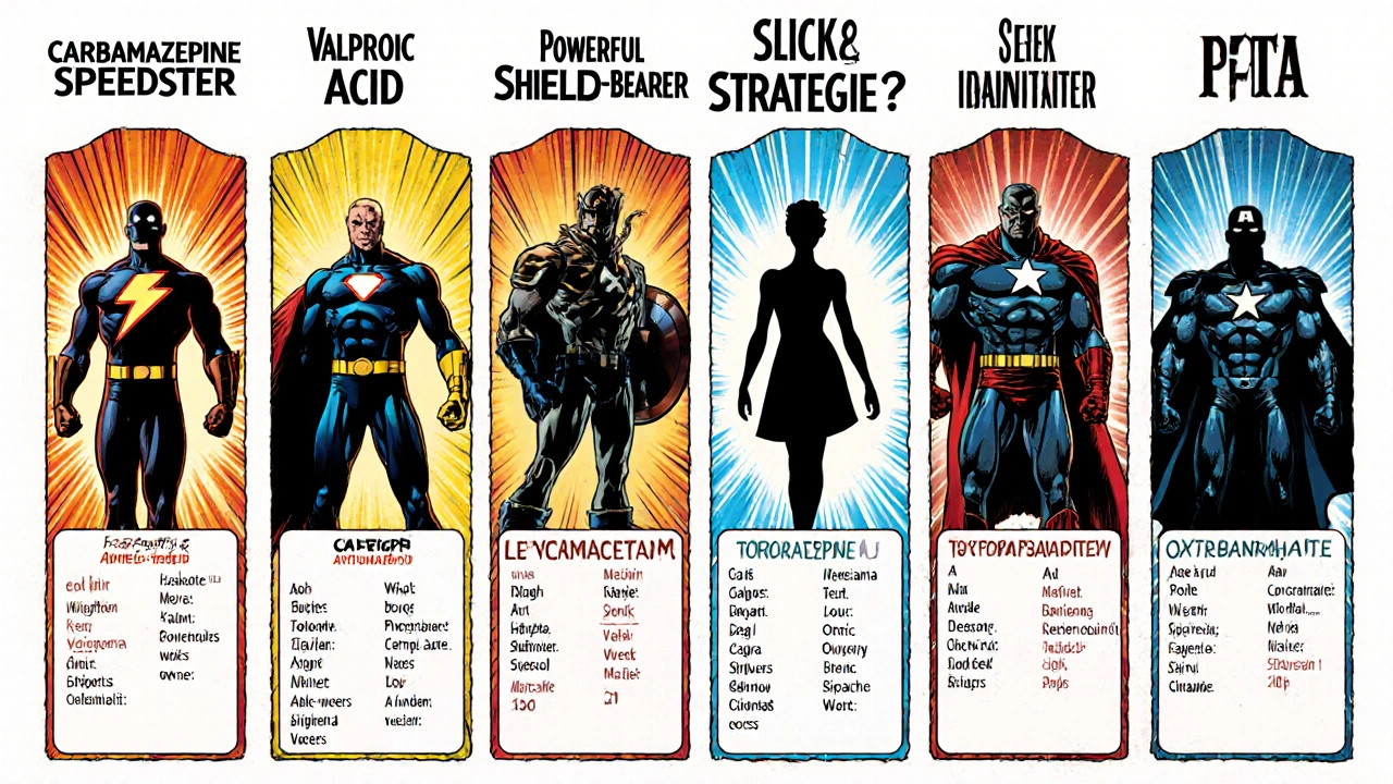 Six drug characters in comic panels showing stats like onset speed and pregnancy safety.