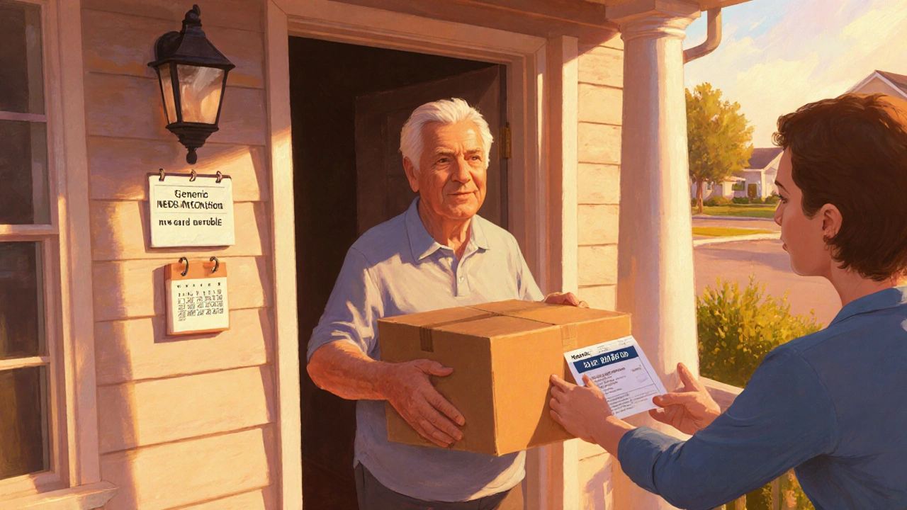 Smiling patient receiving a package of generic Metformin at home.
