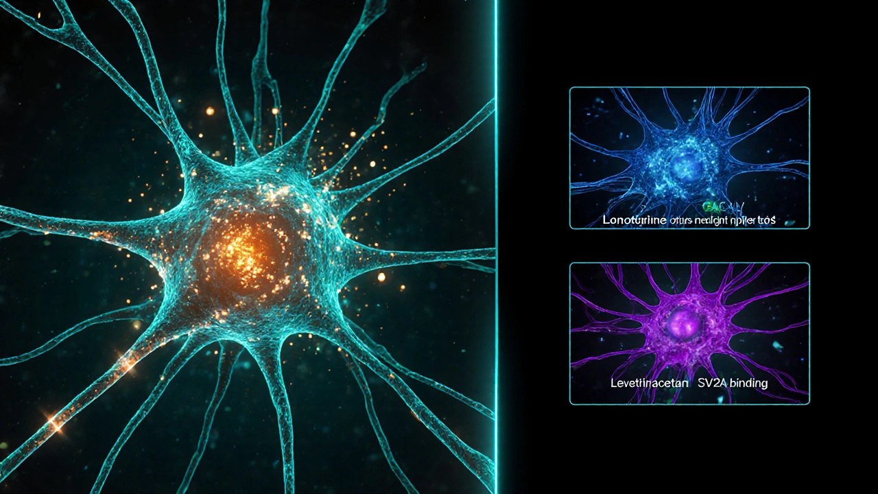 Split illustration showing Topamax’s GABA and sodium‑channel effects and other drug mechanisms.