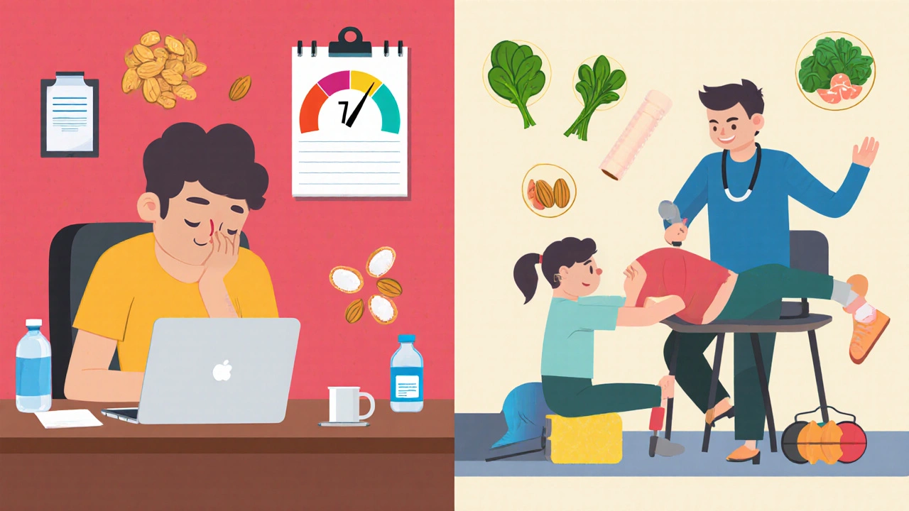 Split scene of office slouch with pain journal and physiotherapist helping stretch, flat cartoon.