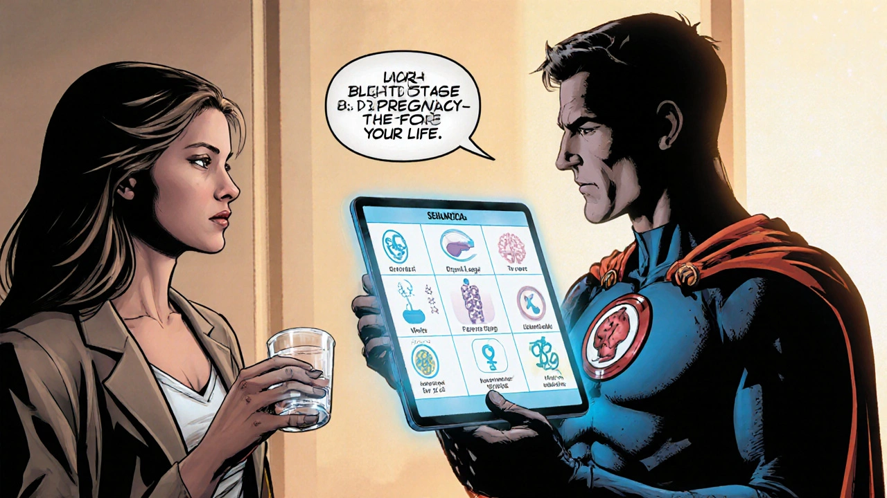 Woman and neurologist discussing drug options, with holographic chart and Lamictal in water.