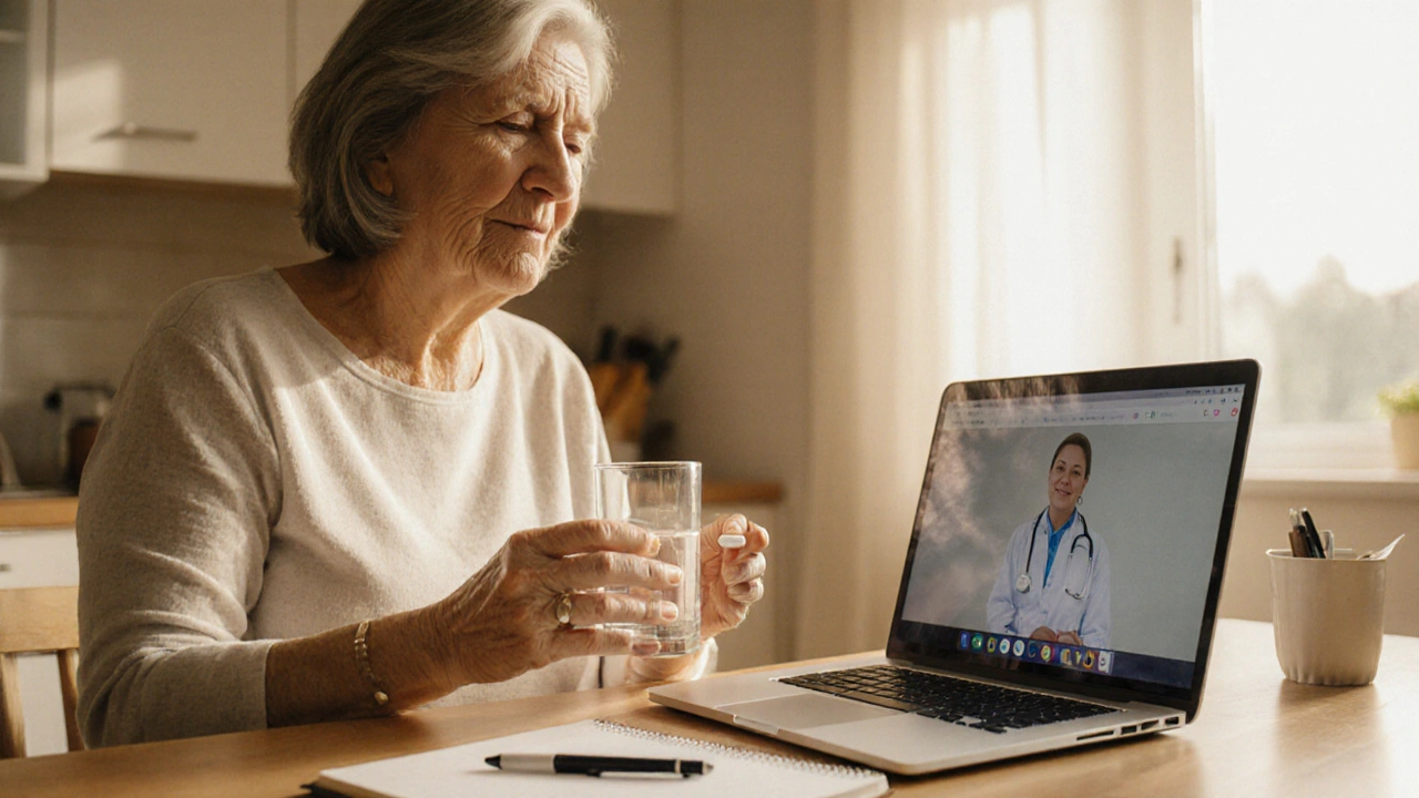 Woman drinking water with a Topamax pill, discussing treatment with a neurologist on a laptop.
