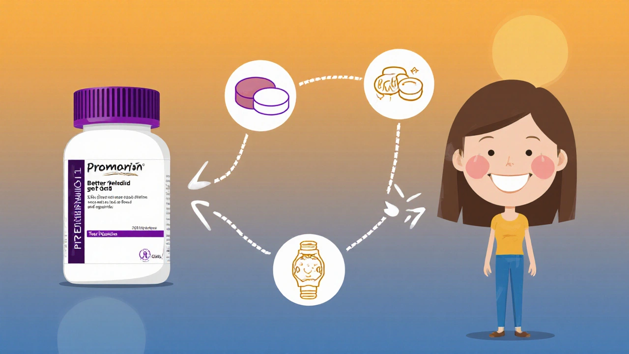 Woman transitioning from Premarin to modern menopause treatments with health icons