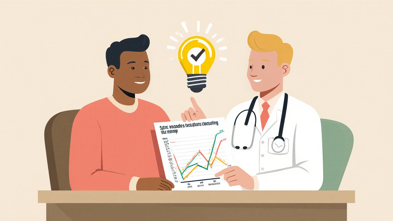 A doctor and patient reviewing a chart that shows the superior LDL reduction of combination therapy over high-dose statins.