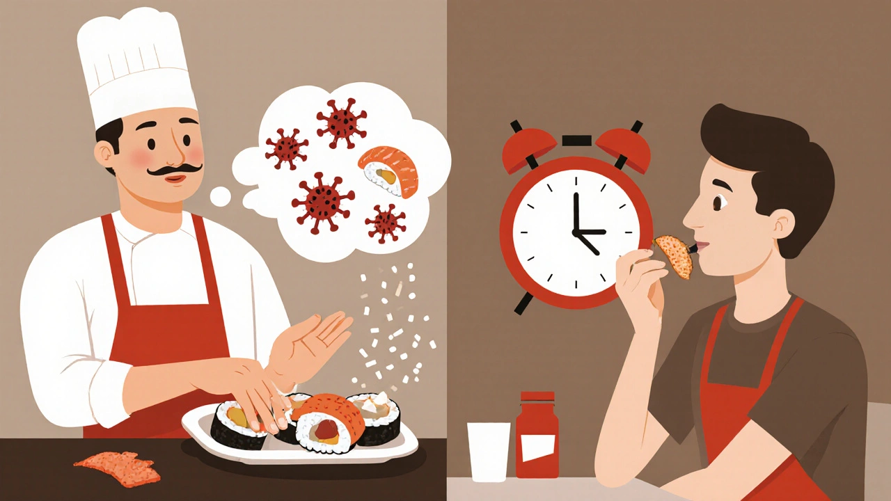 A food worker preparing sushi bare-handed while a customer eats it, with a 14-day countdown.