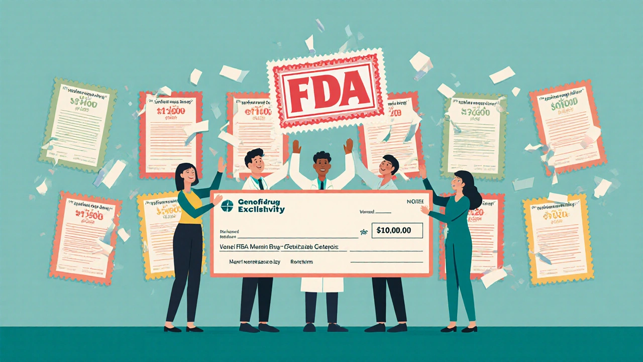 A lab team celebrating as patent certificates are torn down, with a giant FDA approval stamp descending, symbolizing generic drug entry after a successful challenge.