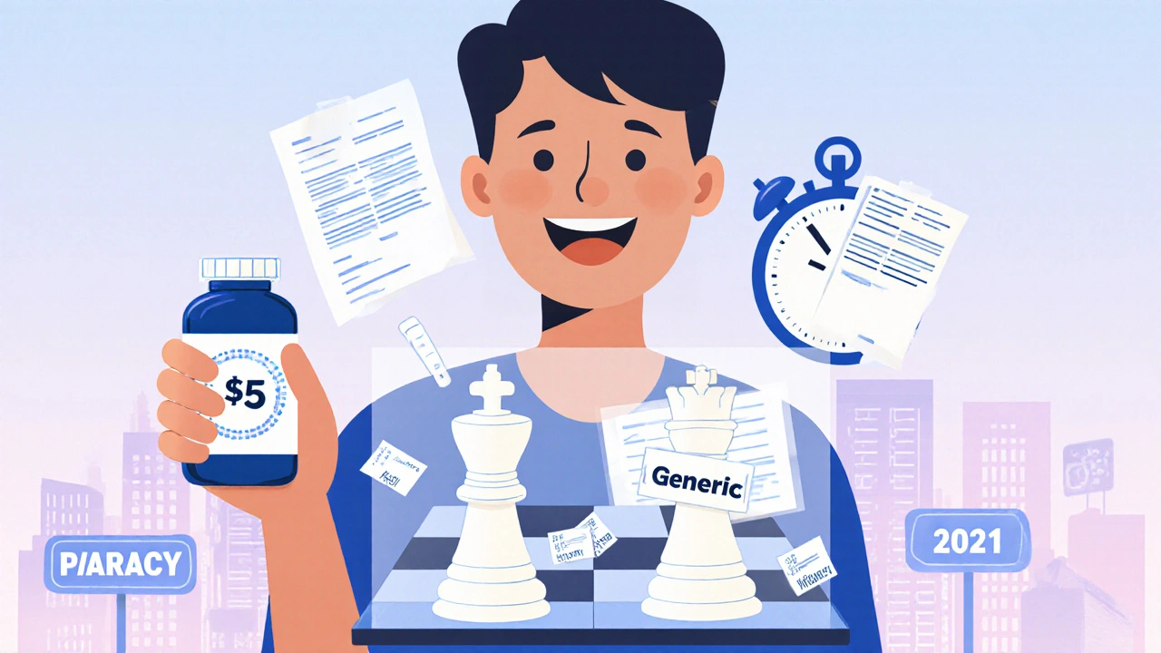 A patient holding a cheap generic pill, with a legal chessboard showing a patent king checkmated, representing how Paragraph IV challenges lower drug prices.