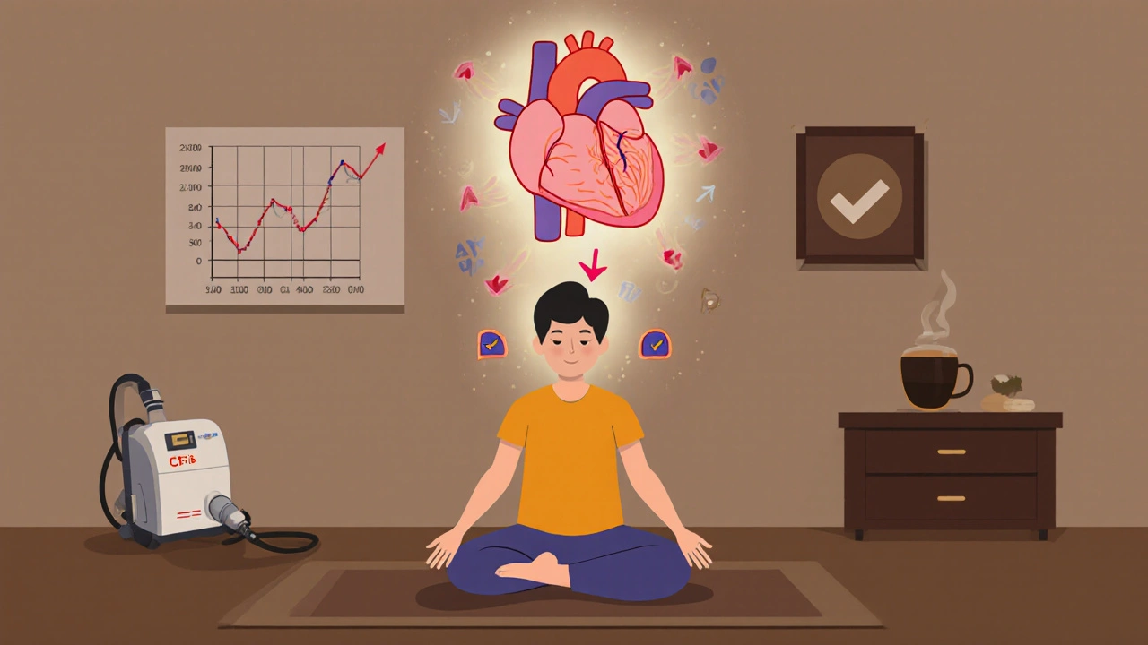 A person doing yoga with a calm, steady heart above them, surrounded by stress-reducing symbols in flat design.